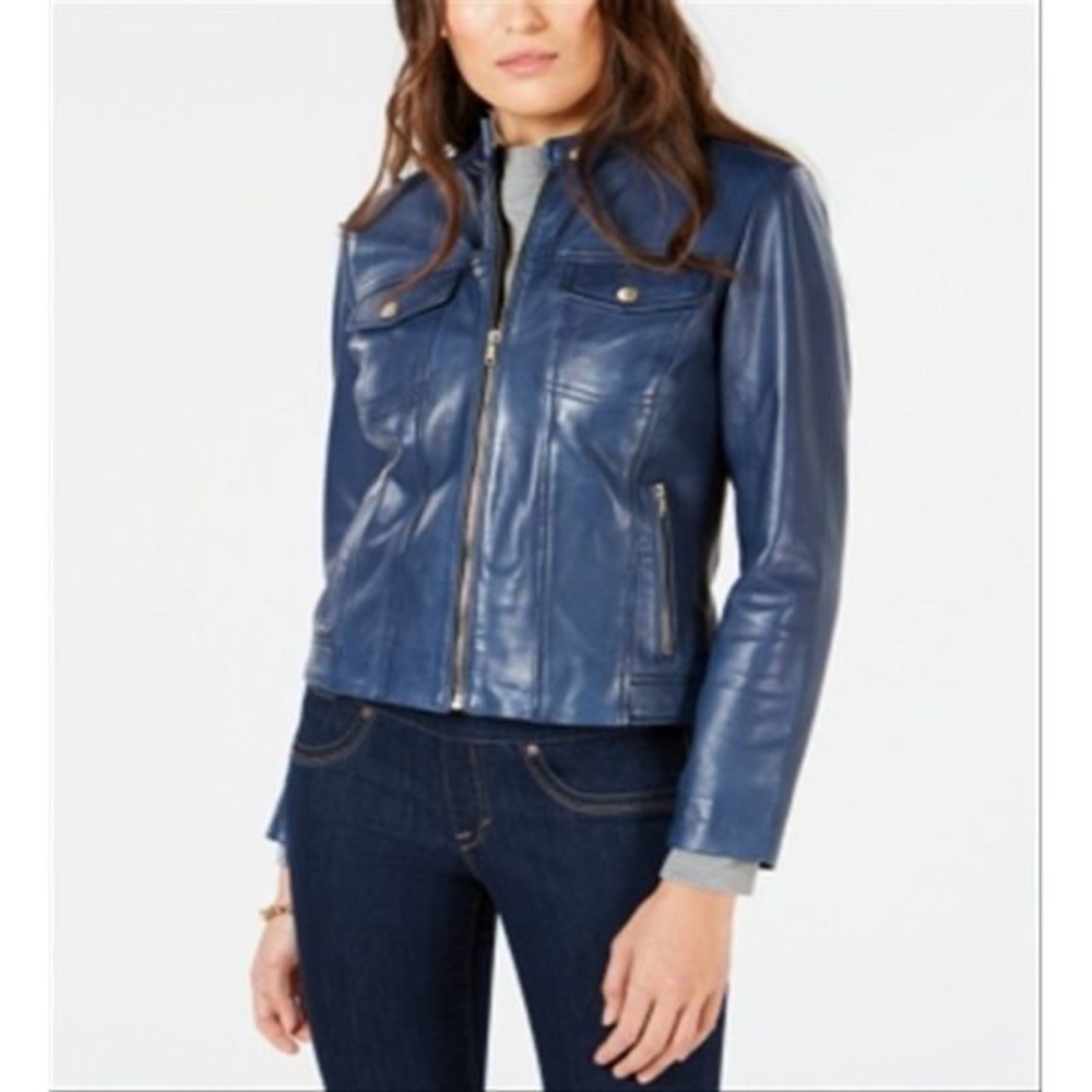 Cole Haan Leather Front-Pocket Moto Jacket COLE HAAN SIGNATURE - Indigo, Women